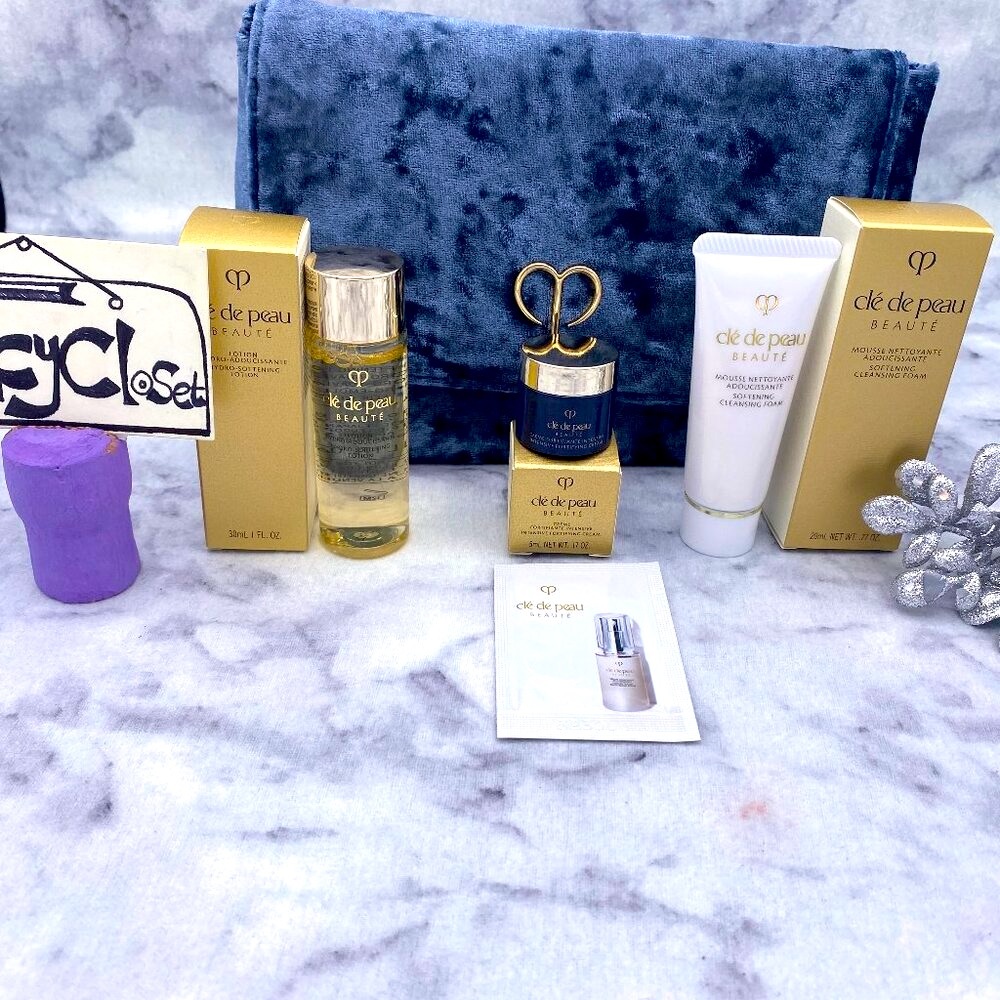 Cle de Peau Beaute Skincare Set-Velvet Blue Pouch,Serum,Cleansing-5pc-BOXED-NEW